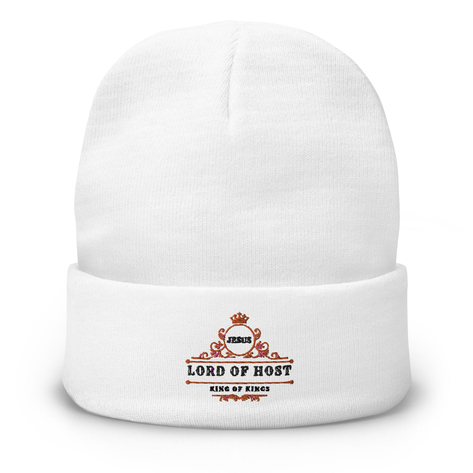 White Embroidered Beanie with Lord of Host logo 1 White Embroidered Beanie with Lord of Host logo