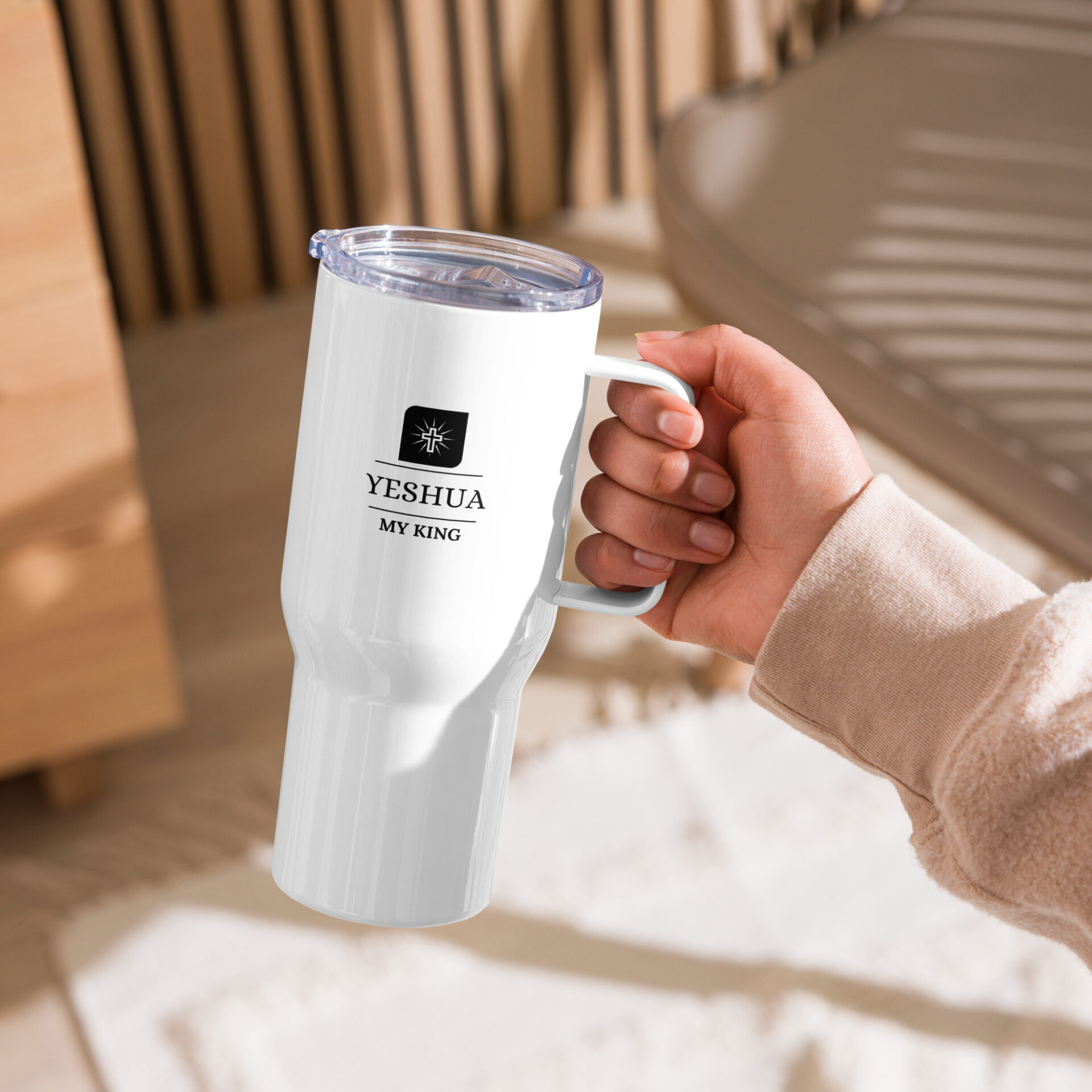 Travel mug with a handle - Jesus my king cross logo 1 Travel mug with a handle - Jesus my king cross logo