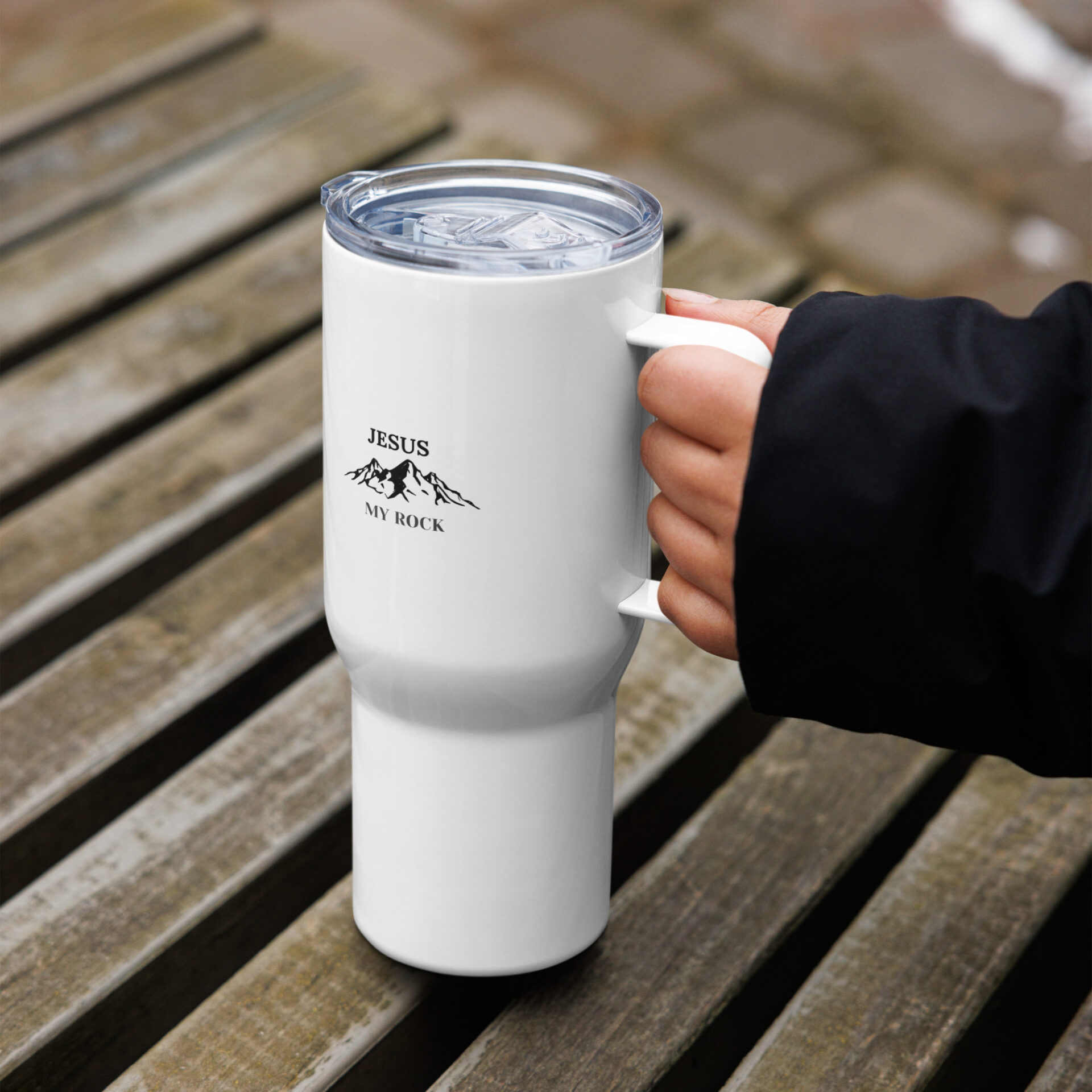 Travel mug with a handle - Jesus my Rock mountain logo 1 Travel mug with a handle - Jesus my Rock mountain logo