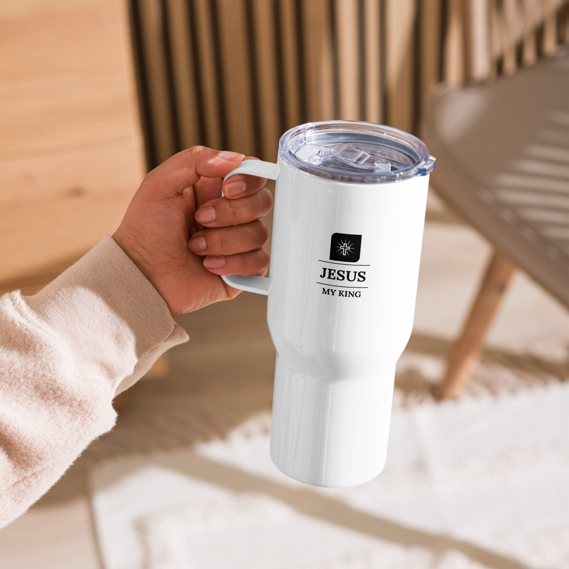 Travel mug with a handle - Jesus my king cross logo 2 Travel mug with a handle - Jesus my king cross logo - Image 2