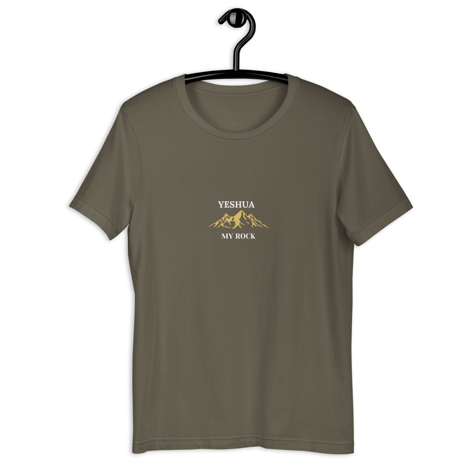 Dark colored Unisex t-shirt with a Jesus my Rock mountain logo 1 Dark colored Unisex t-shirt with a Jesus my Rock mountain logo